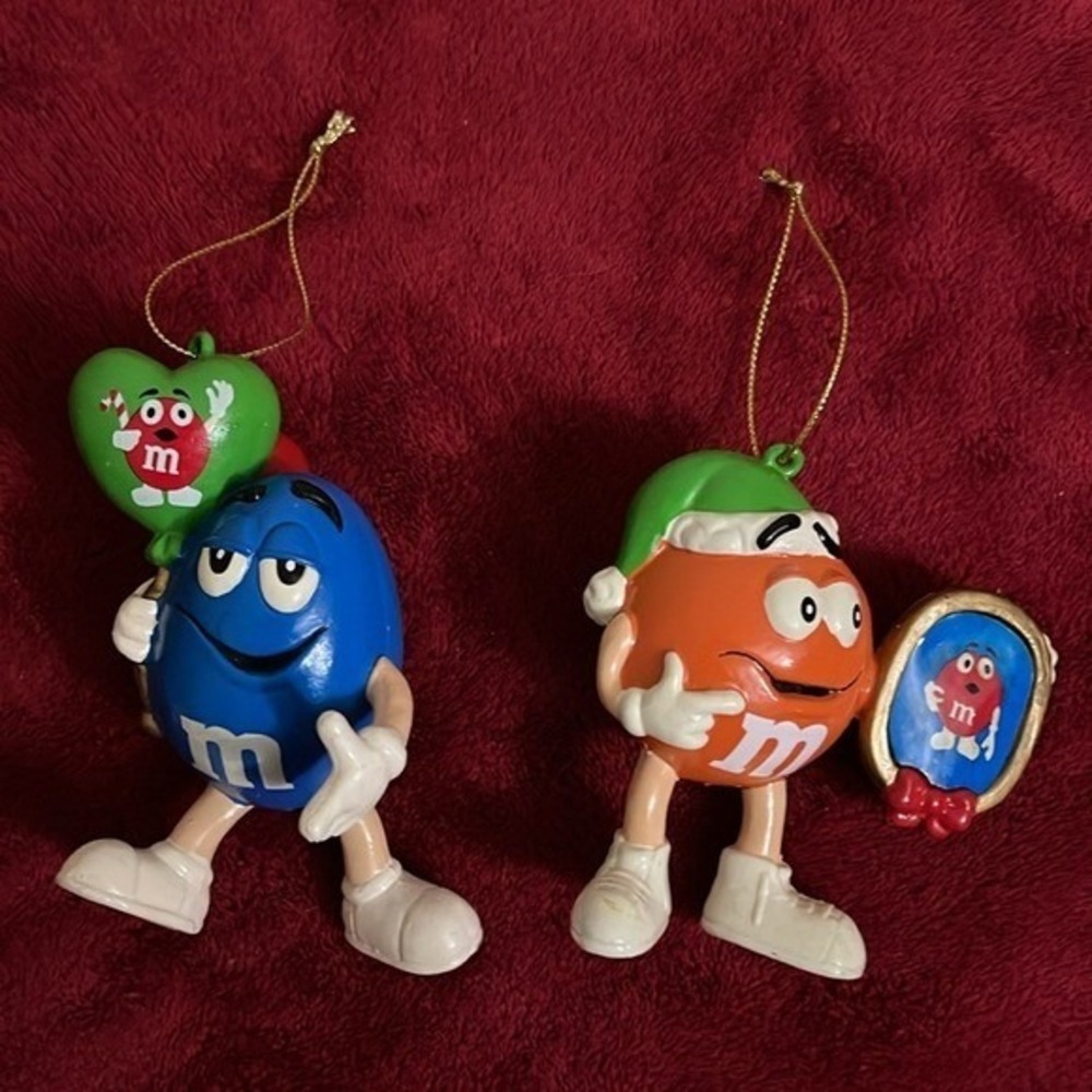Vintage M&M's Holiday Ornaments Blue and Orange Characters Set of 2 in Box - Picture 1 of 11